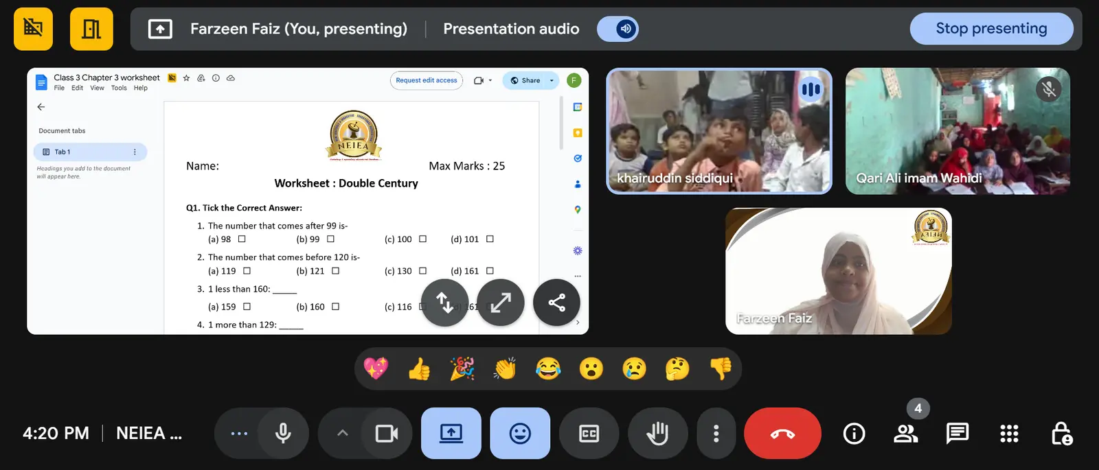 A NEIEA mentor teacher's live lesson shared on screen with classrooms joining by video